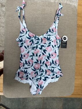 Floral Peach Print One-Piece Swimsuit with Tie Shoulders - Pink & White